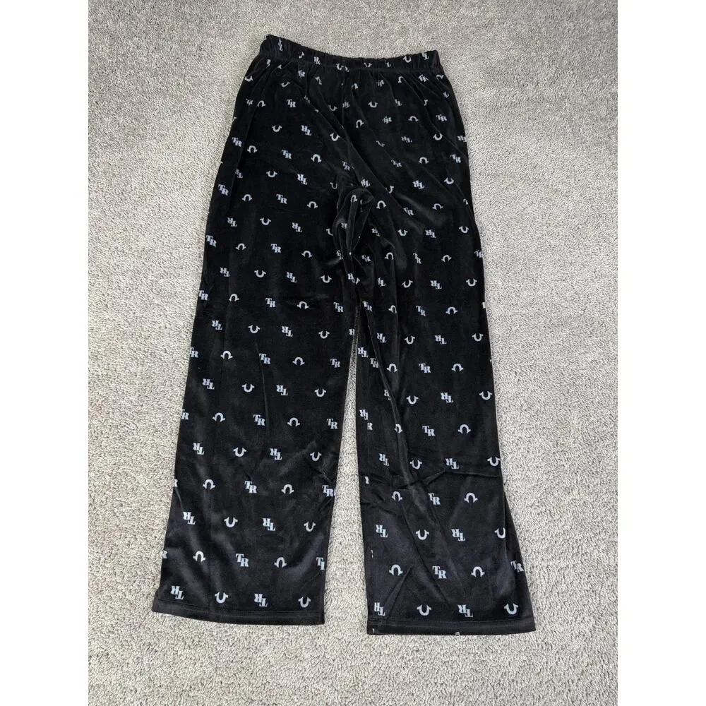 True Religion Pajama Pants Mens L Black Velour Logo Drawstring Lounge Sleepwear